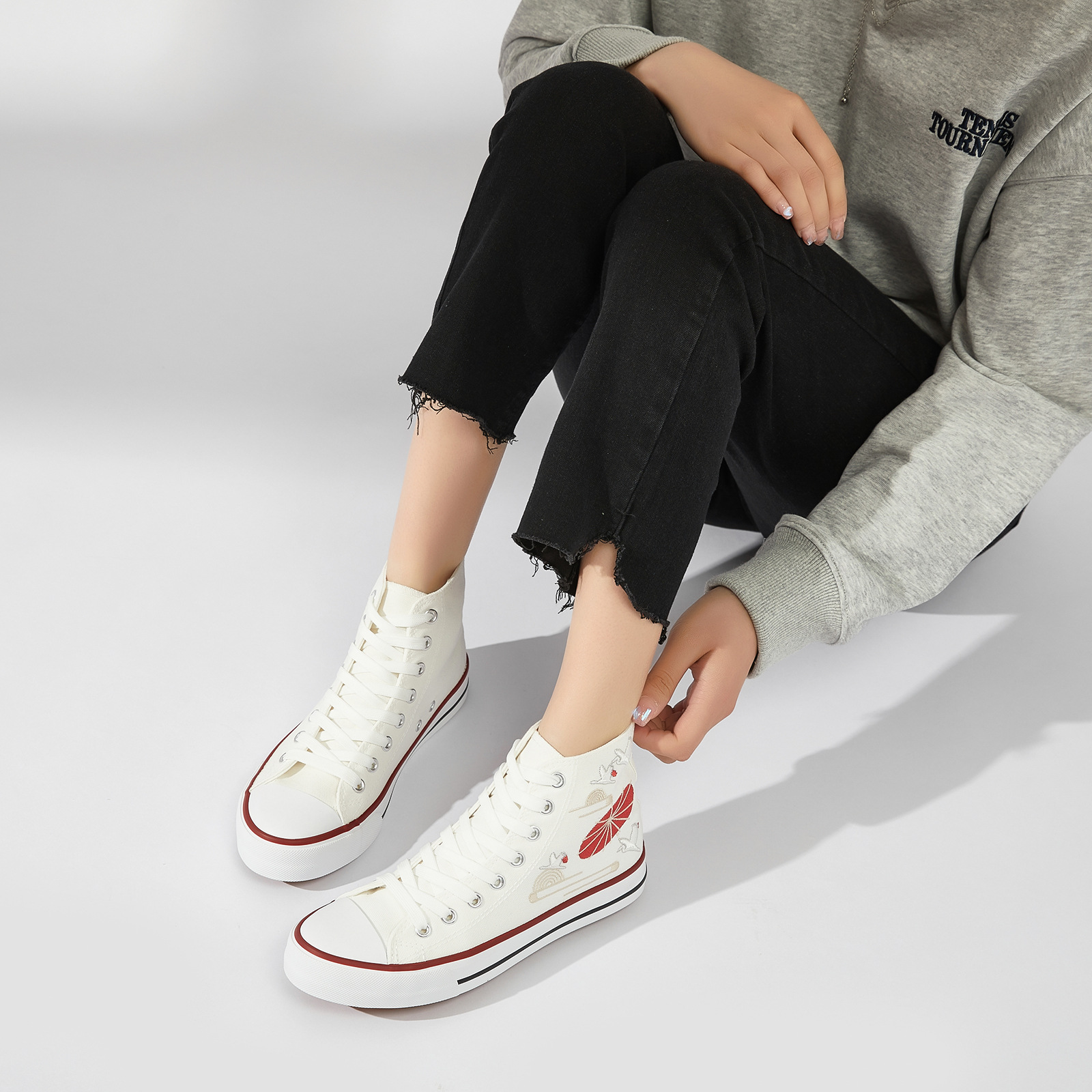 Asian Embroidered High Top Canvas Shoes - Image 4