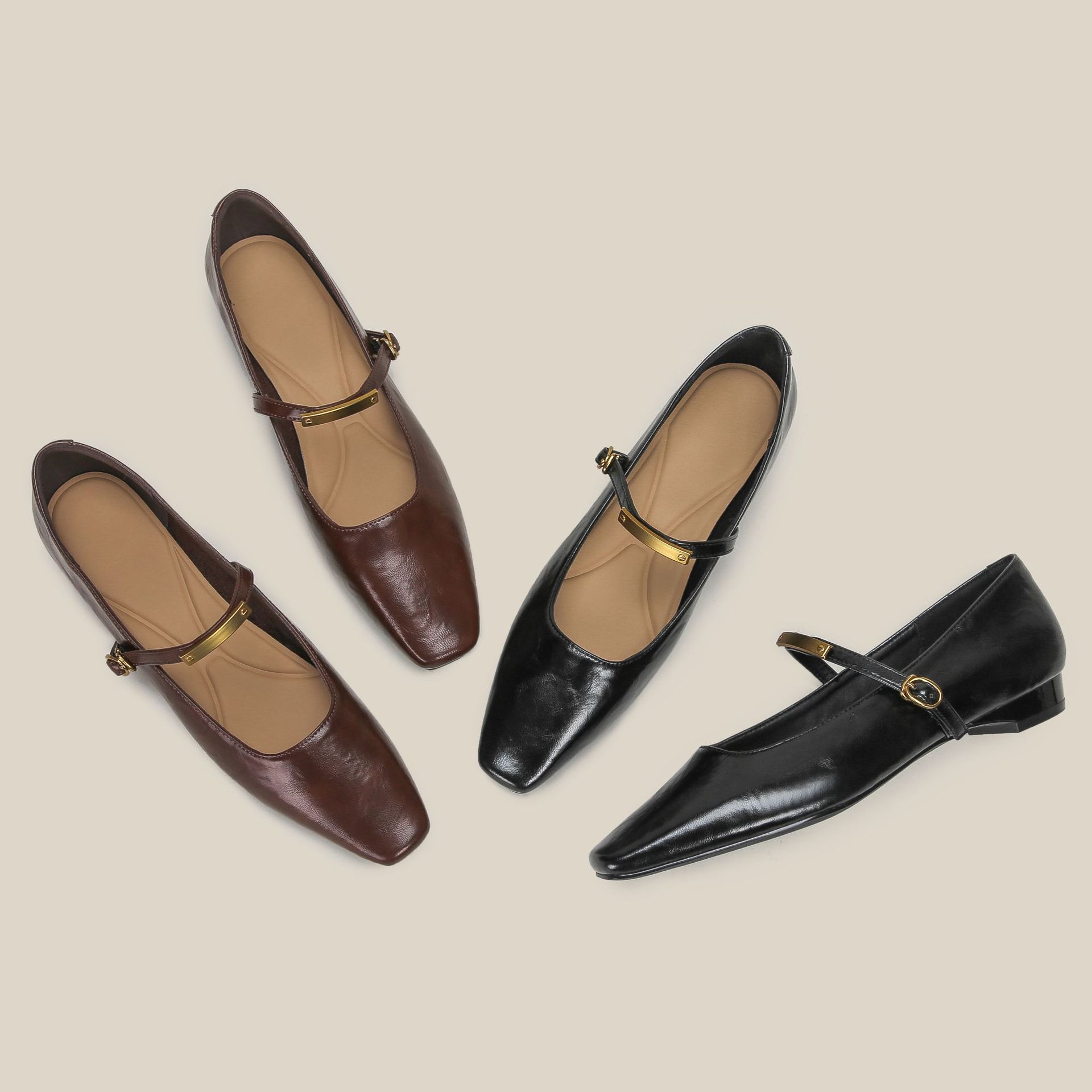 Brown Leather Pointed-Toe Mary Jane Flats - Image 3