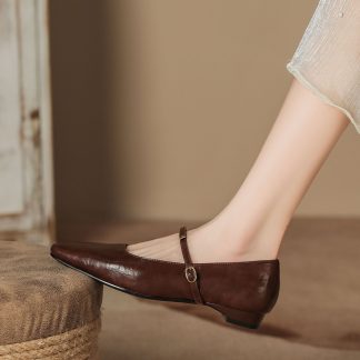 Brown Leather Pointed-Toe Mary Jane Flats