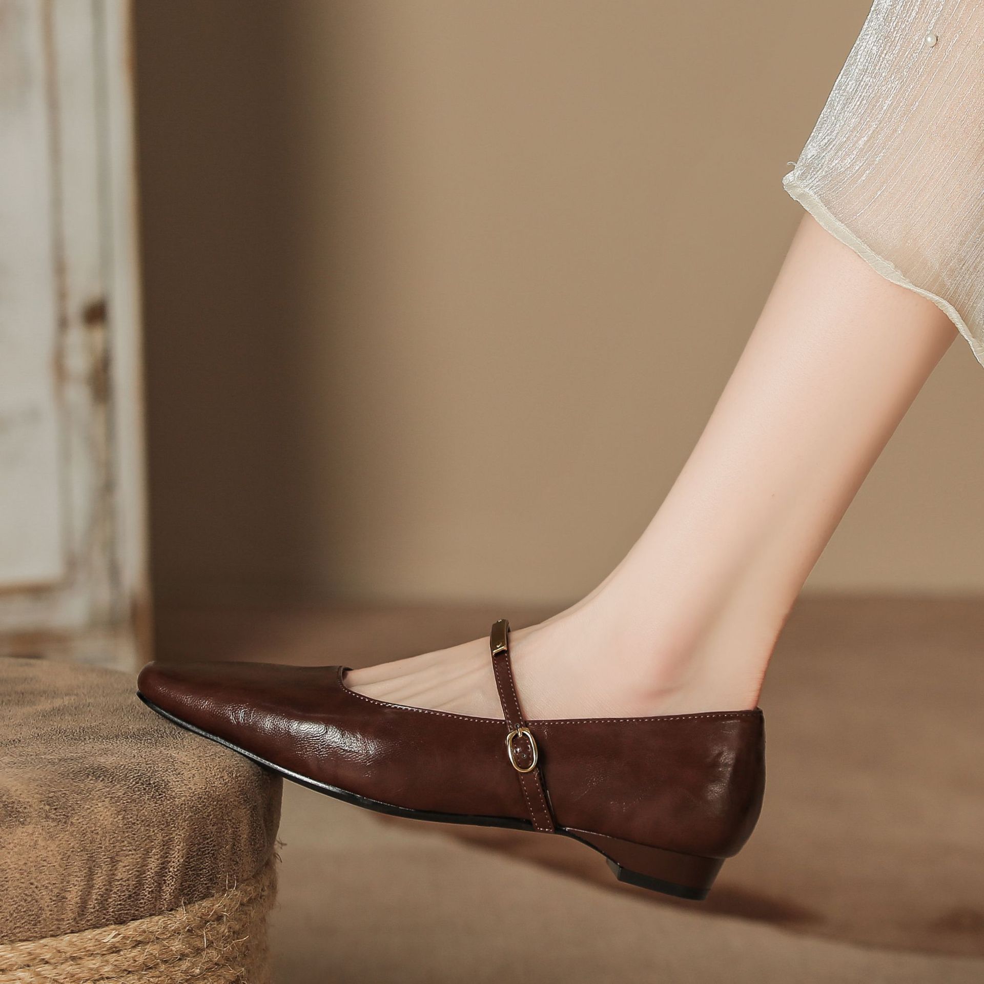 Brown Leather Pointed-Toe Mary Jane Flats