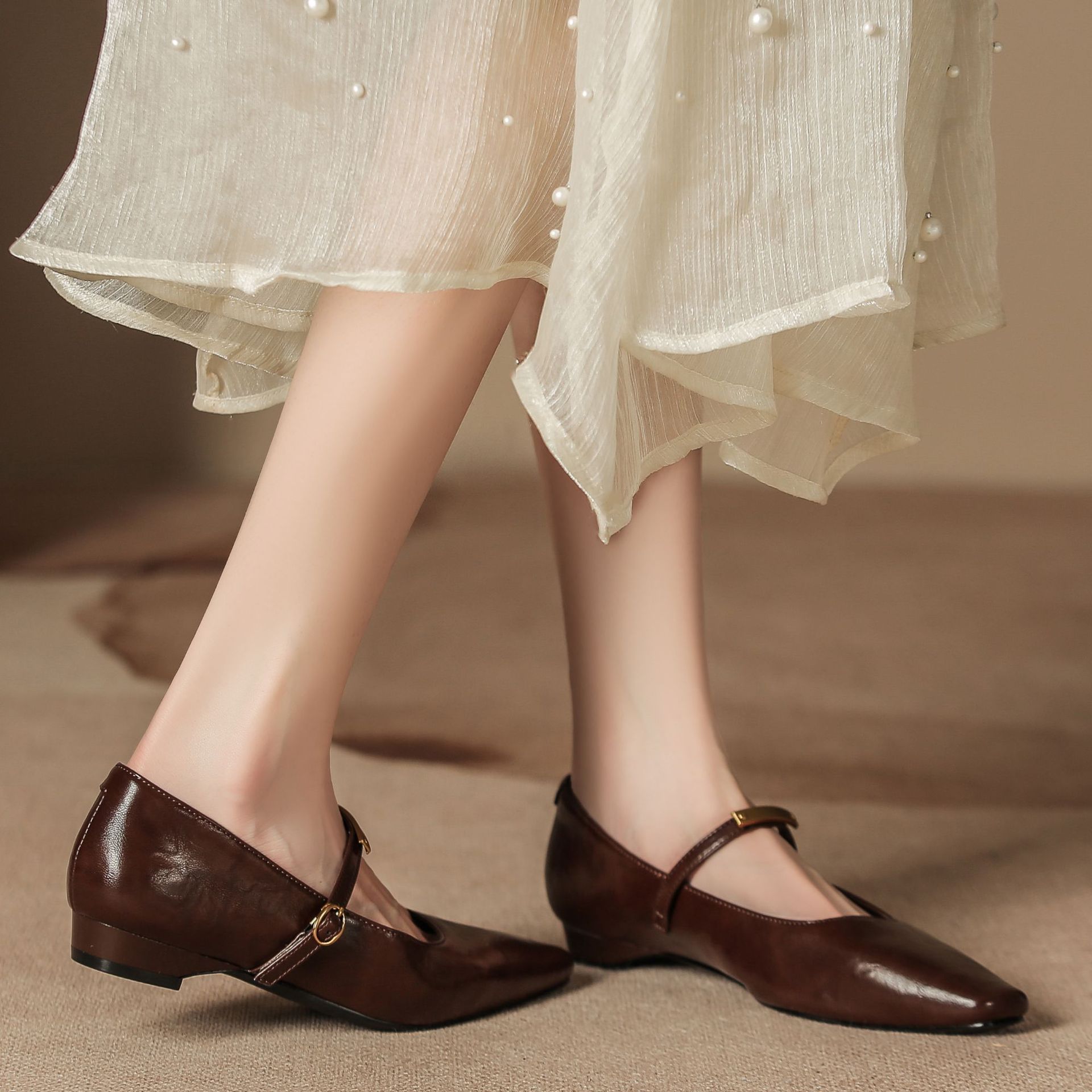 Brown Leather Pointed-Toe Mary Jane Flats - Image 2