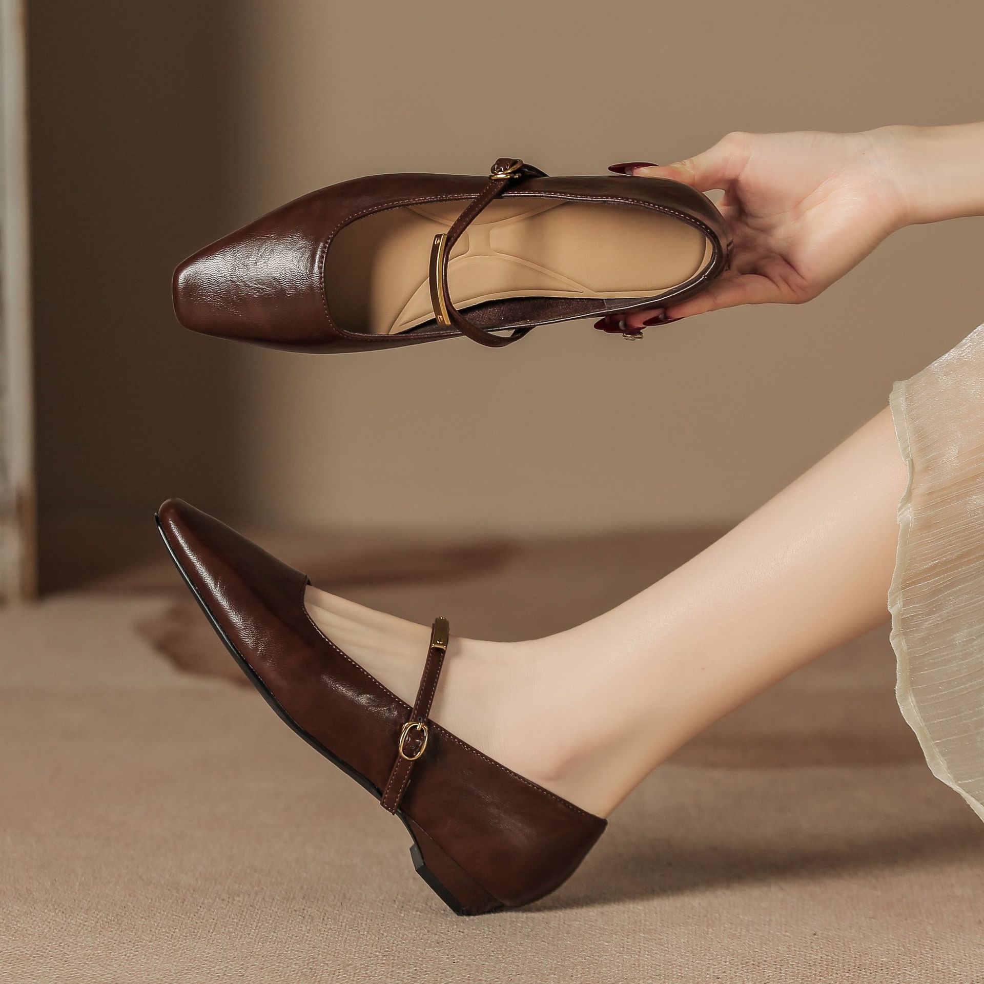 Brown Leather Pointed-Toe Mary Jane Flats - Image 5